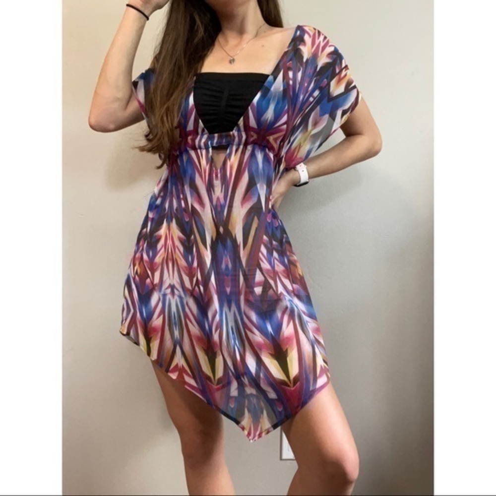 Becca Printed Low Cut Asymmetrical Swimsuit Coverup